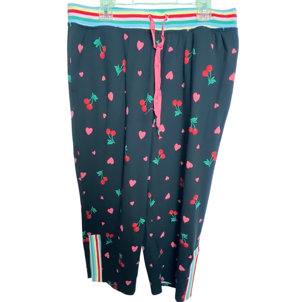 Cuddl Duds Black Cherry Heart Print Pajama Pants Loung Crop Capri M Rainbow Cozy
